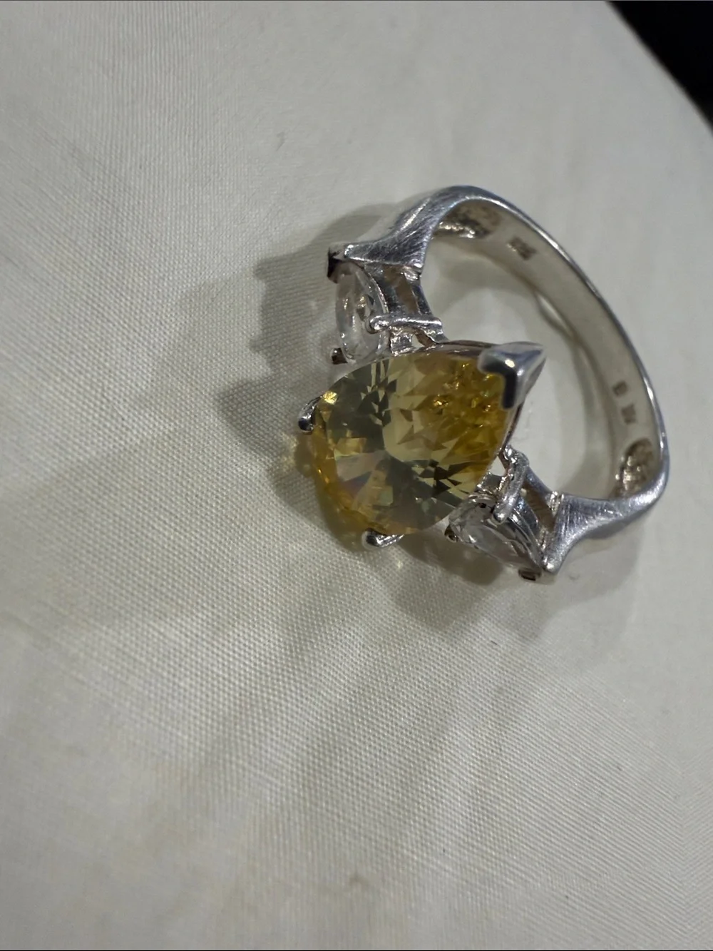 925 Silver Pear-Cut Yellow Citrine Ring with Side Cubic Zirconia stones